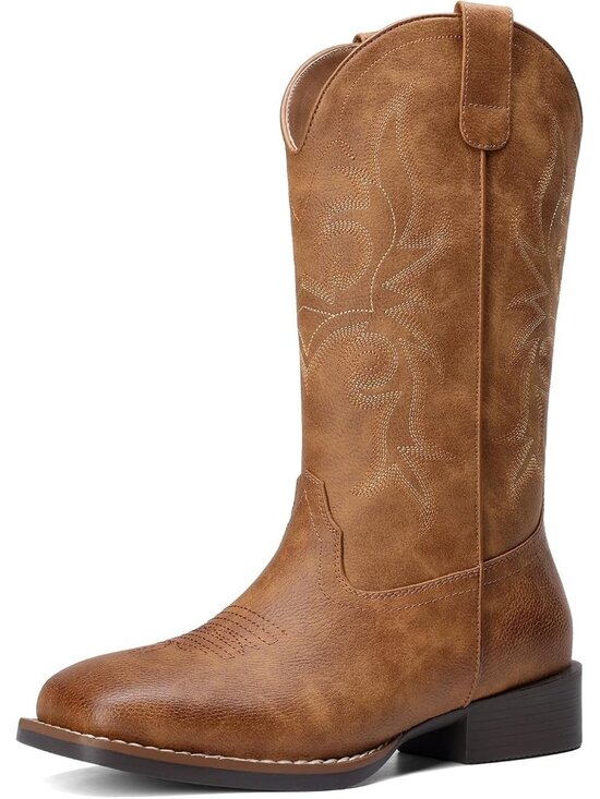 Shoes - Women's Brown Faux Leather Embroidered Fashion Square Toe Mid Calf Cowgirl Boots